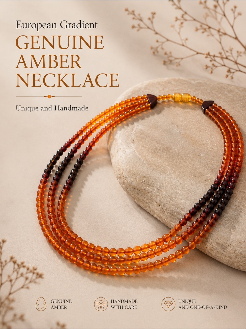 European Genuine Amber Gradient Multi-Strand Necklace - Honey to Deep Amber